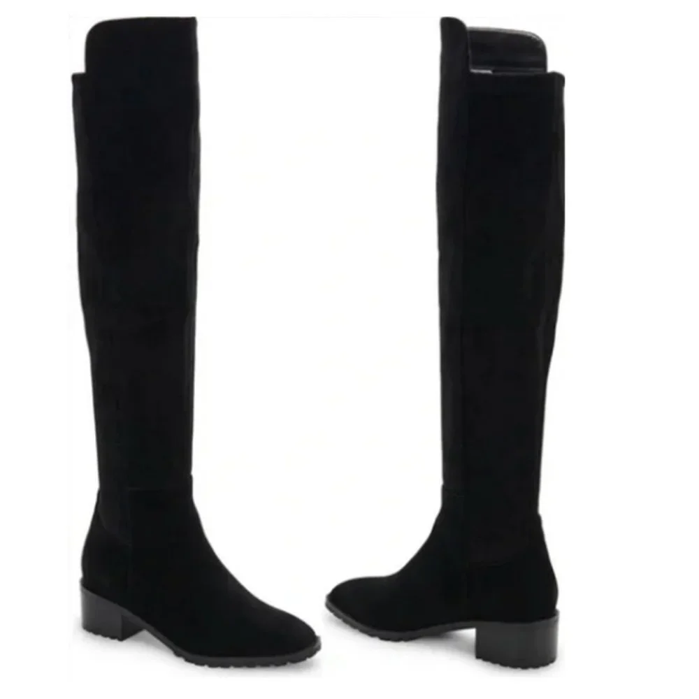 Black Over-the-Knee Women's Boots - Classic Suede Look